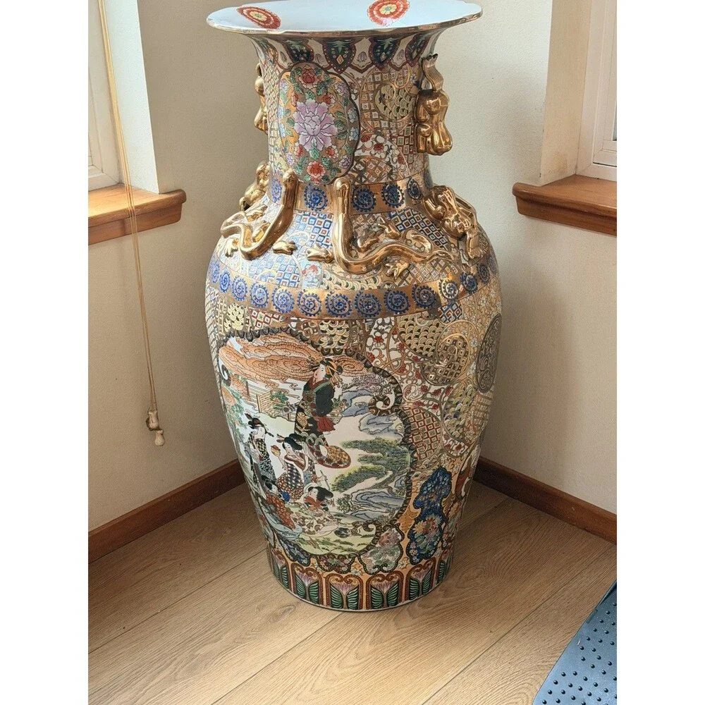 Antique Huge Vintage Japanese Porcelain Hand Painted Floor Vases 36